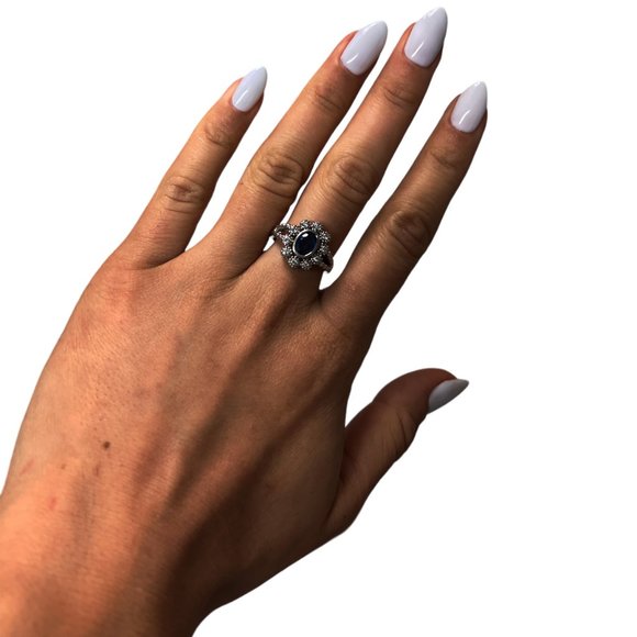 14kt White Gold Sapphire & Diamond Art Deco Ring - Picture 7 of 9